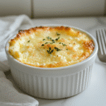 single-serving baked cottage cheese eggs in a white ramekin on kitchen counter