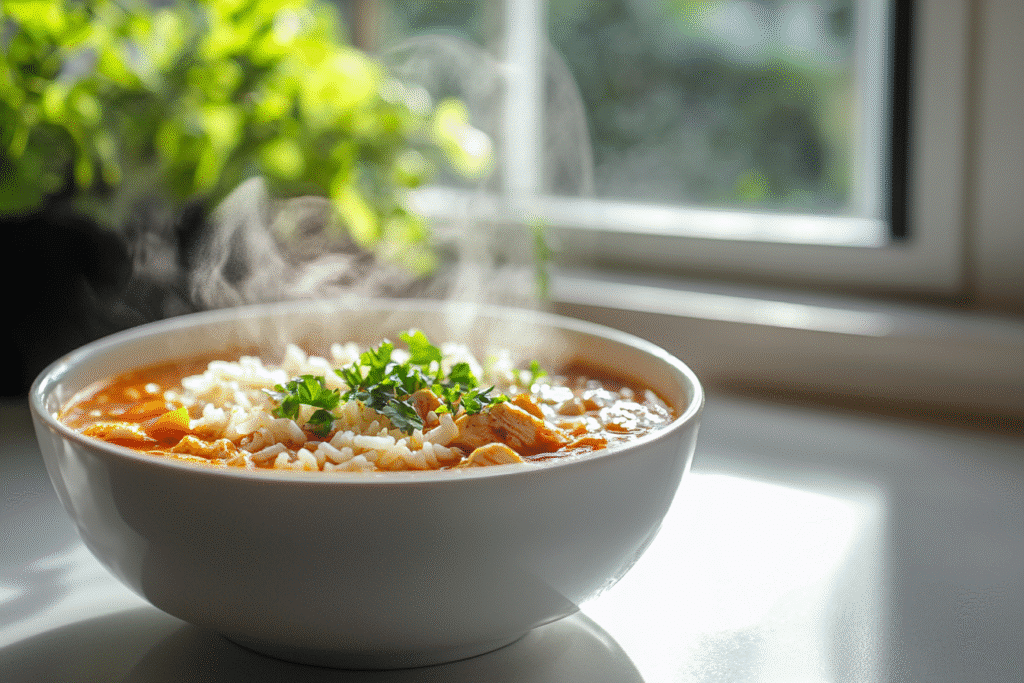 Served bowl of Cajun chicken soup with rice on white kitchen counter