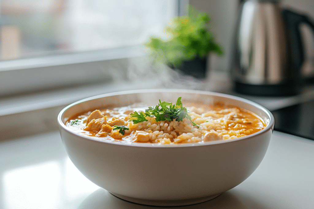 Cajun chicken soup with rice on modern white kitchen counter