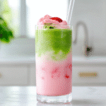 iced strawberry matcha latte recipe card image with ingredients