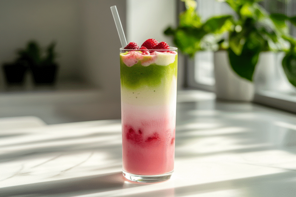 iced strawberry matcha latte with layers on white kitchen countertop