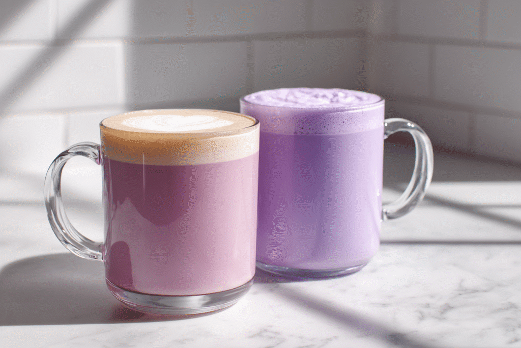 Side-by-side comparison of ube latte and taro latte on a white countertop