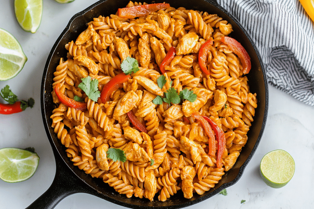 one pot chicken fajita pasta in skillet