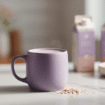 Steaming ube latte with almond and oat milk in a modern white kitchen