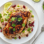 jerk chicken rice and peas flat lay modern kitchen