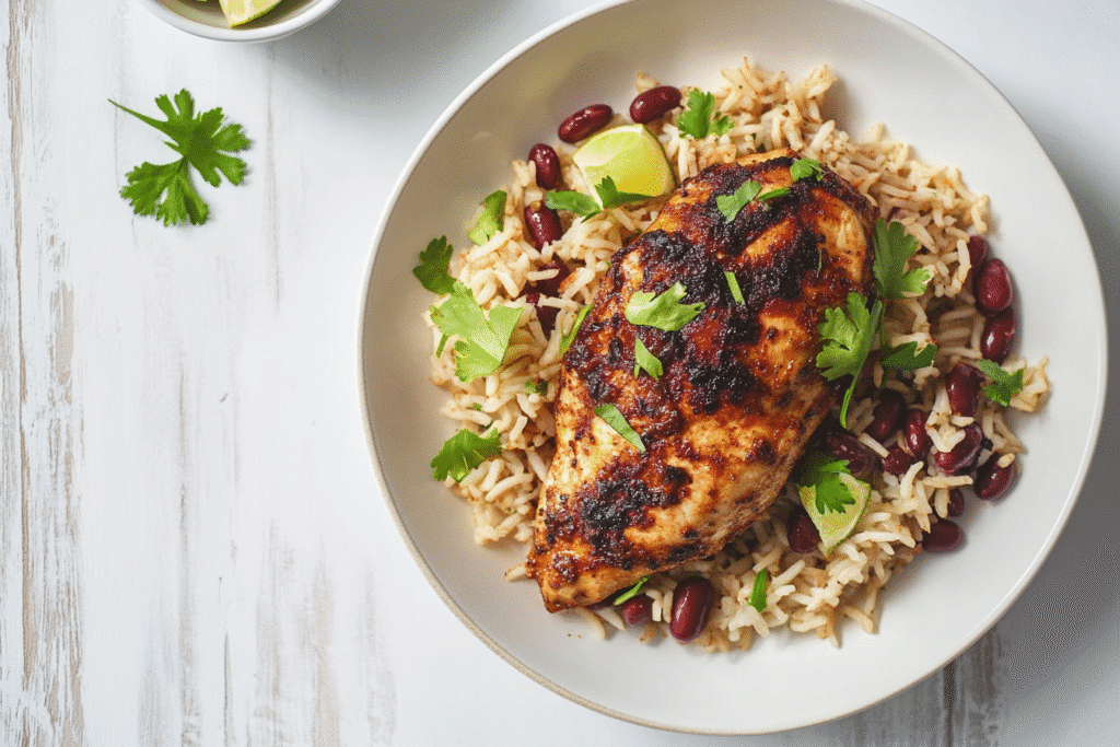 Jerk chicken rice and peas plated for one