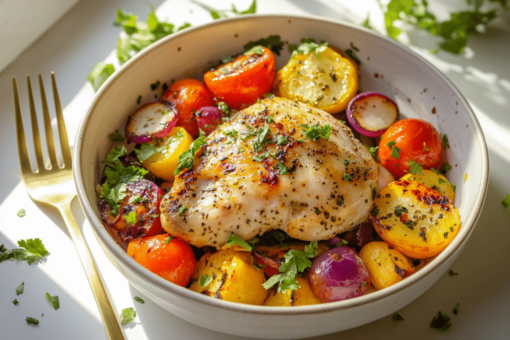 served bowl of hot honey chicken and veggies on white table