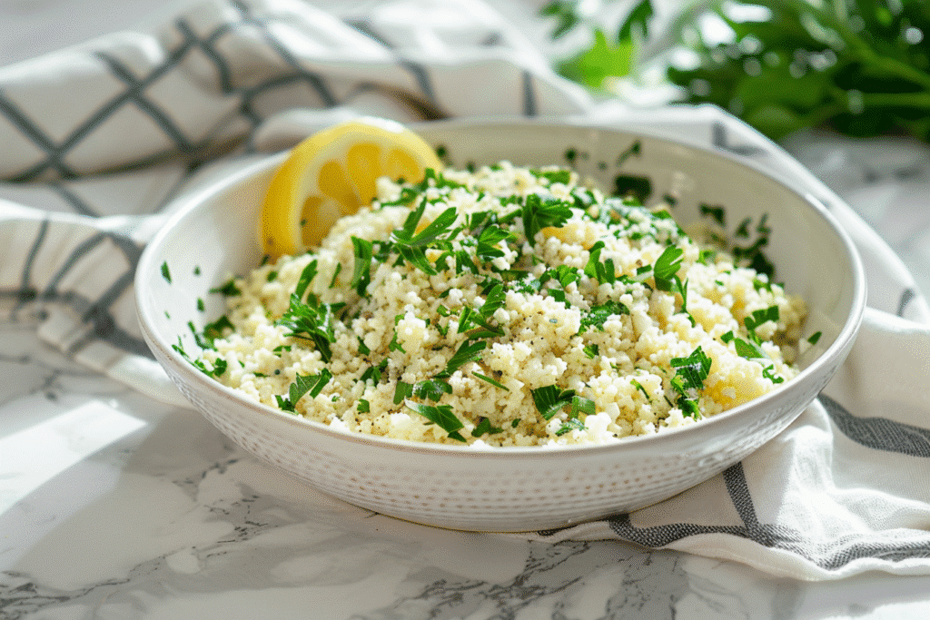 Cauliflower couscous with lemon and herbs in minimalist kitchen setting