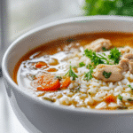 Cajun chicken soup with rice on modern white kitchen counter