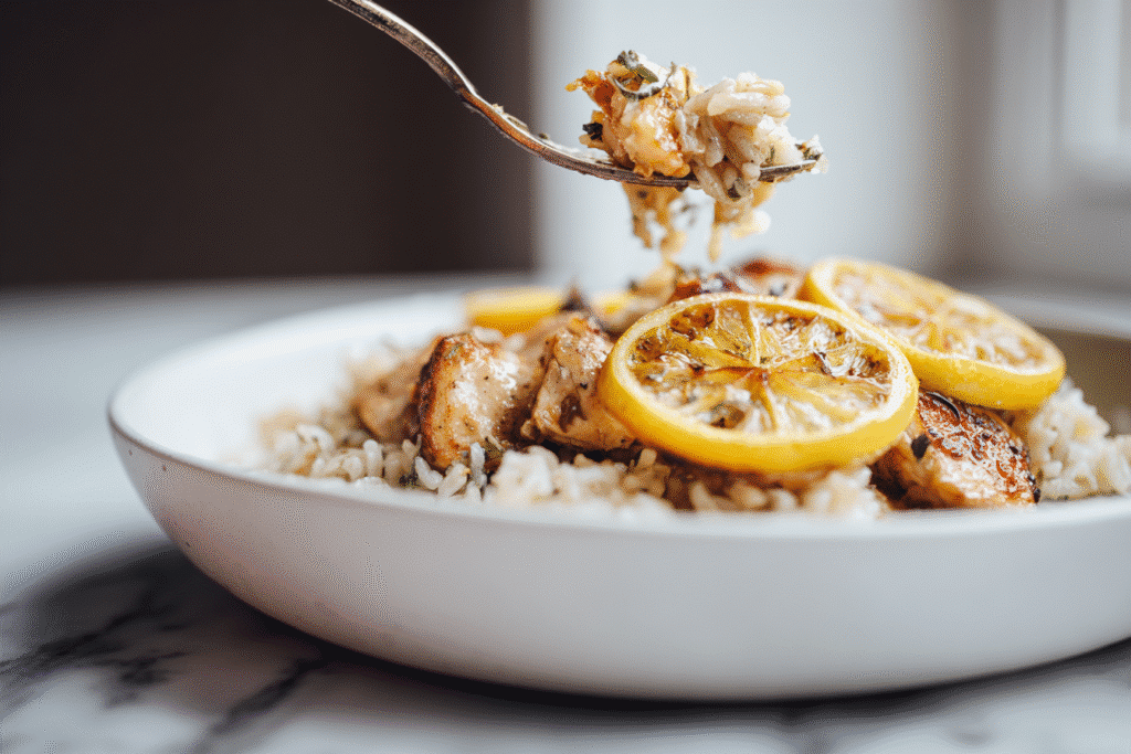 Chicken and Rice with Caramelized Lemon in Bowl