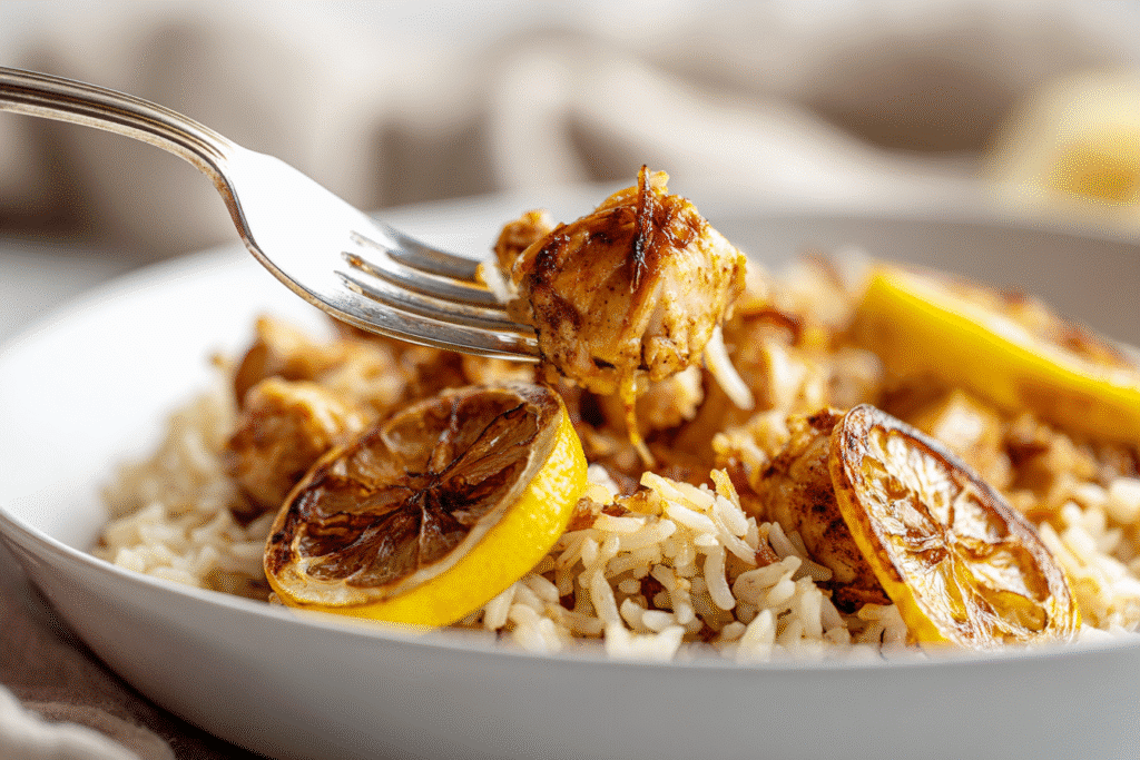 Fork digging into a bowl of chicken and rice with caramelized lemon