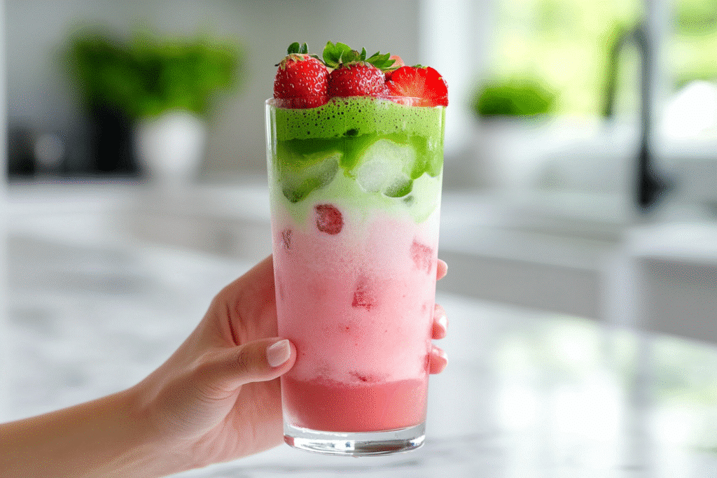 holding iced strawberry matcha latte in bright white kitchen