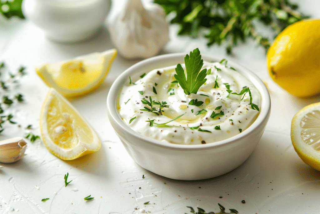 Lemon garlic yogurt dip in white bowl with lemon slices