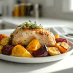 Served hot honey mustard chicken with roasted vegetables on a white plate