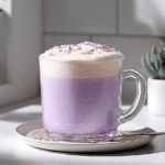 served ube latte in natural light
