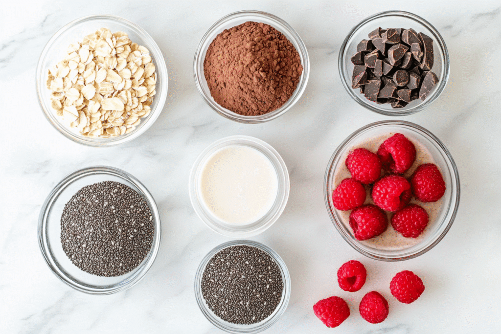 Ingredients for chocolate raspberry overnight oats