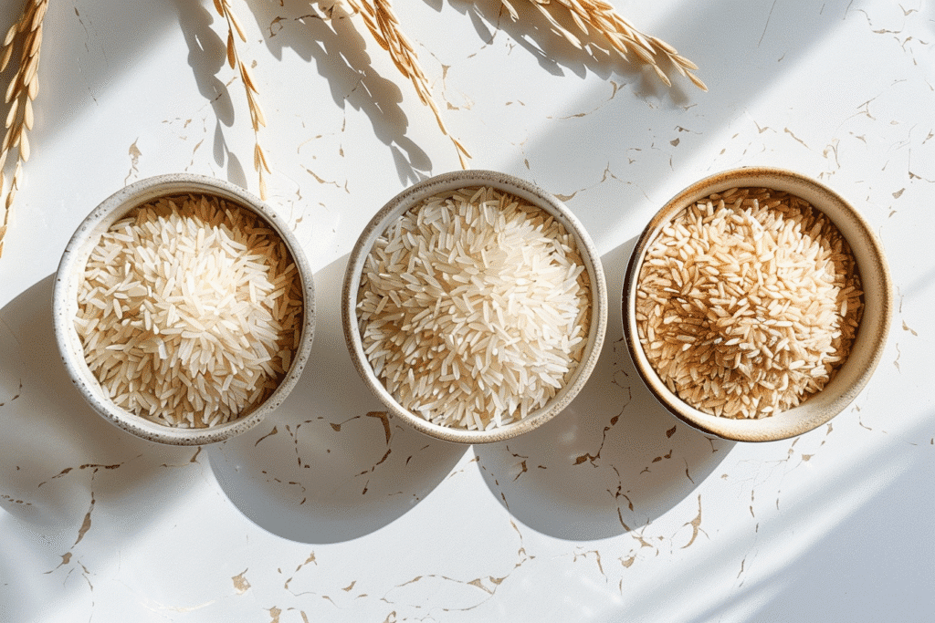 Flat lay of four uncooked rice types—jasmine, basmati, long-grain white, and brown—in ceramic bowls on a bright white kitchen counter.