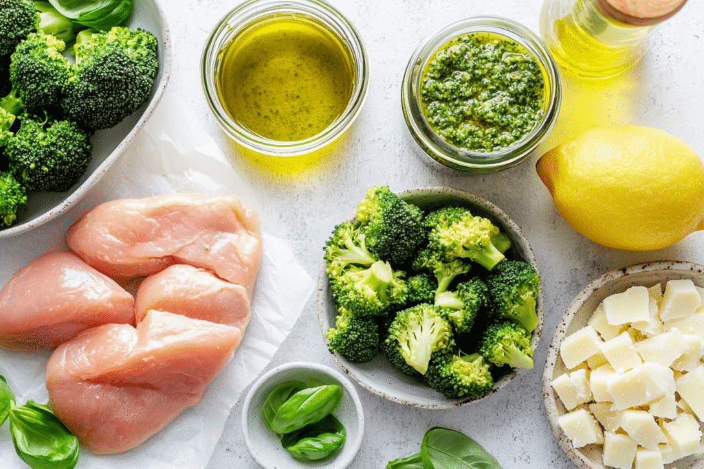 raw ingredients for keto chicken broccoli pesto