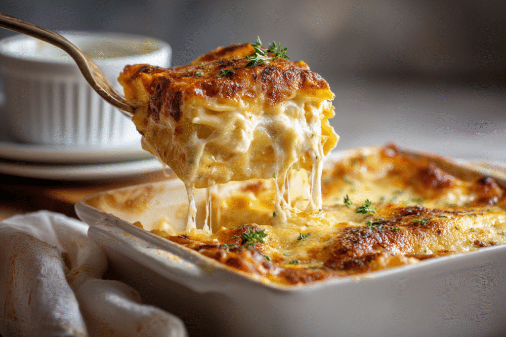 Side view of pasta al forno plated in white kitchen