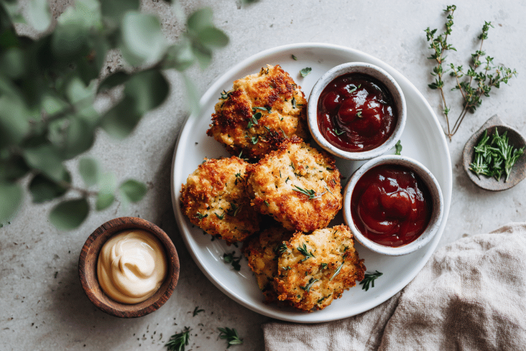 served keto nuggets with dipping sauces