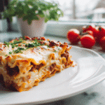 Plated pasta al forno with simple kitchen setting.