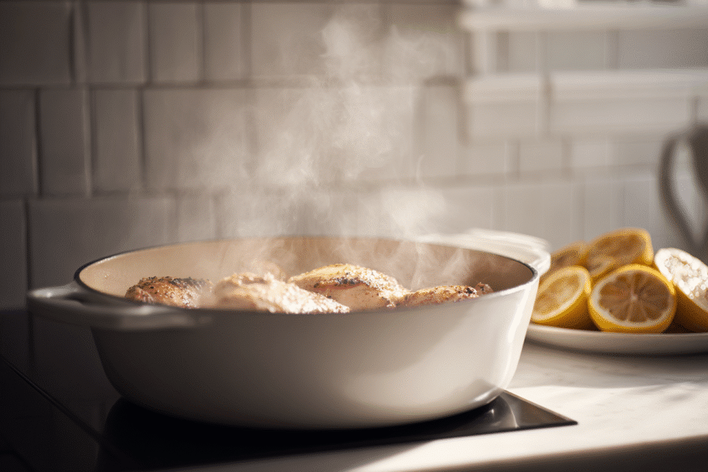 Chicken browning in a white Dutch oven with lemon nearby