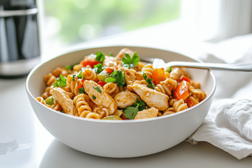 One pot cajun chicken pasta served in shallow white bowl with parsley