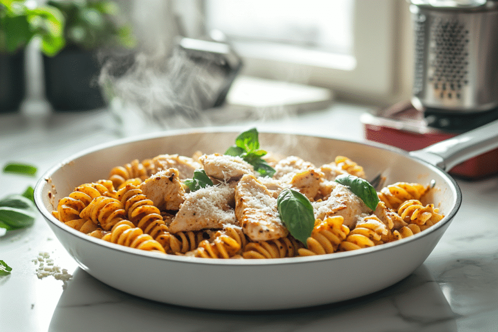 stirring one pot chicken parmesan pasta
