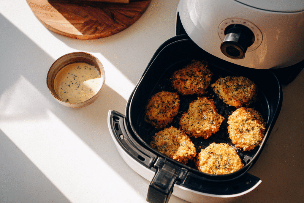 golden brown air fryer keto nuggets in kitchen
