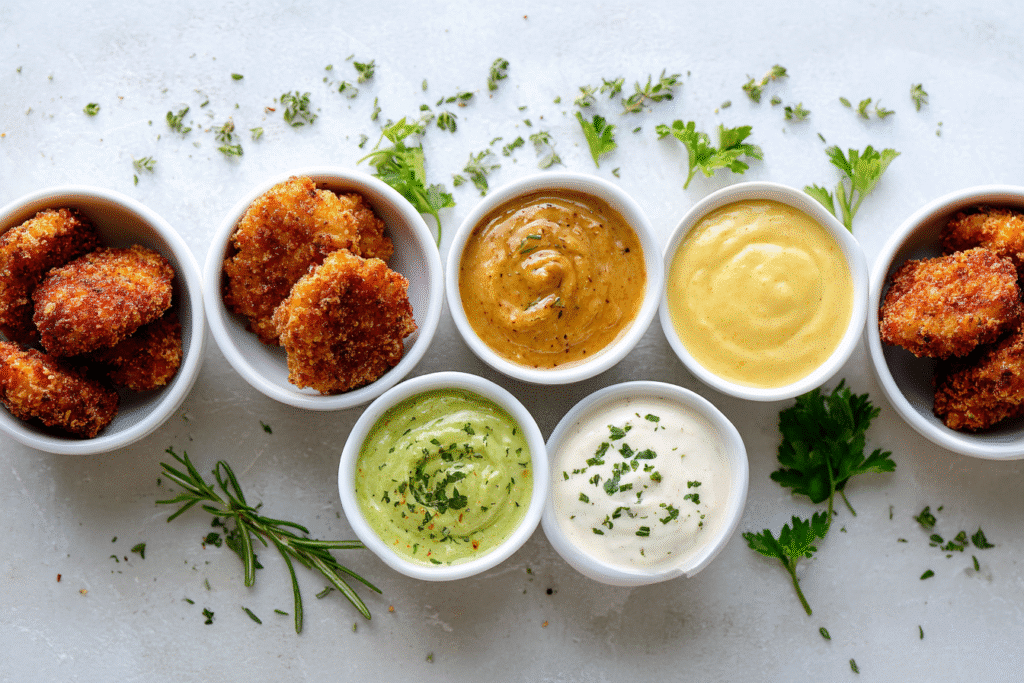 Keto dipping sauces for chicken nuggets on white kitchen countertop