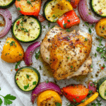 hot honey chicken and veggies on sheet pan