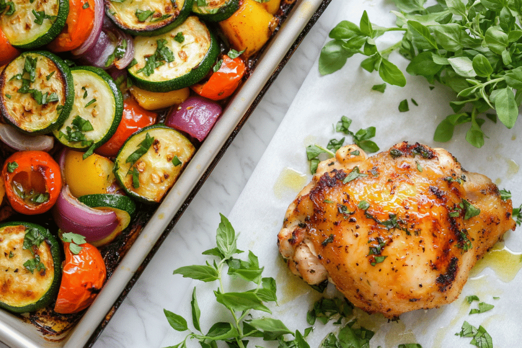 sheet pan hot honey chicken and veggie glow bowls served on countertop