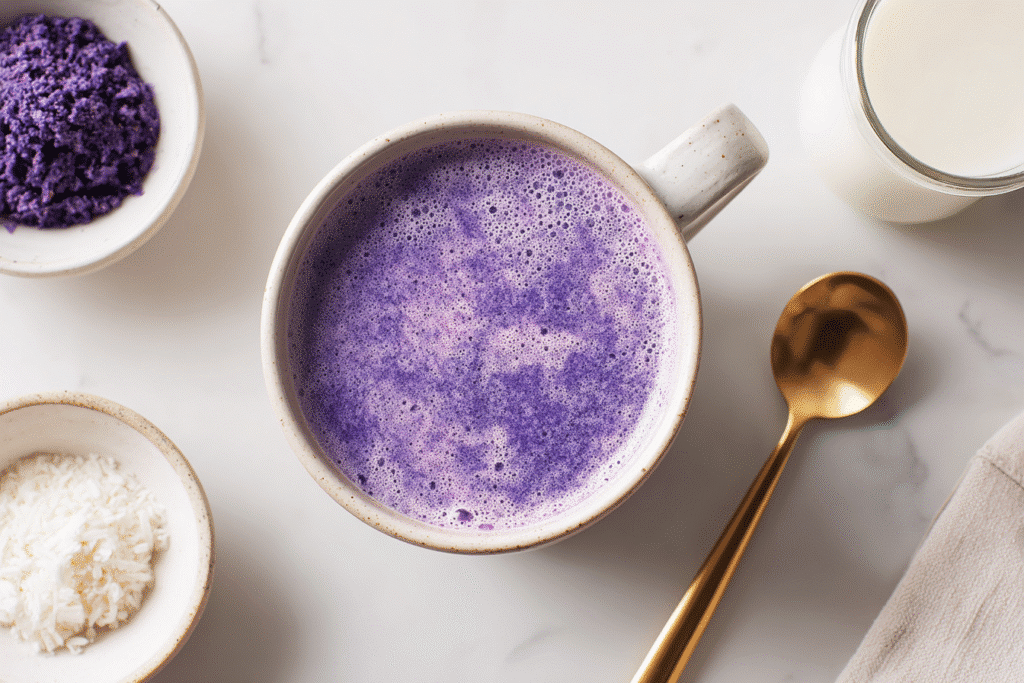 top-down ube latte with coconut and whole milk
