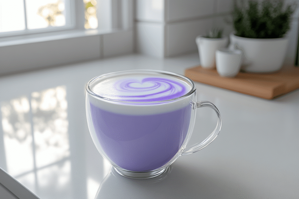 finished ube latte served on white kitchen counter