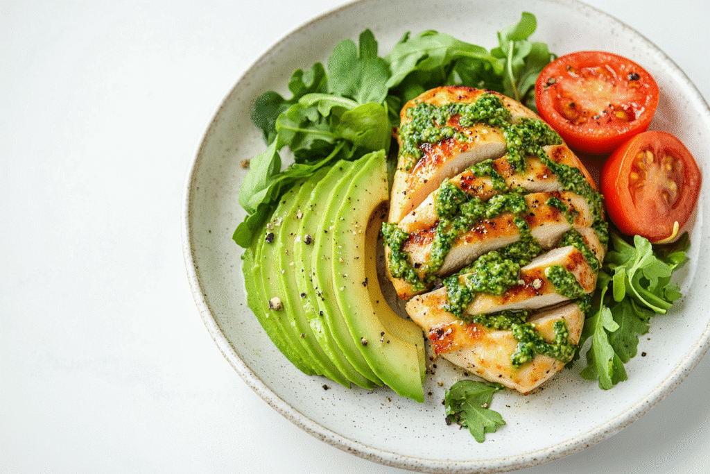 solo keto chicken avocado pesto meal plated