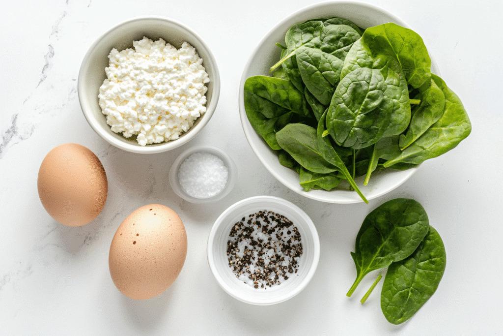 eggs, cottage cheese, spinach laid out for egg bake