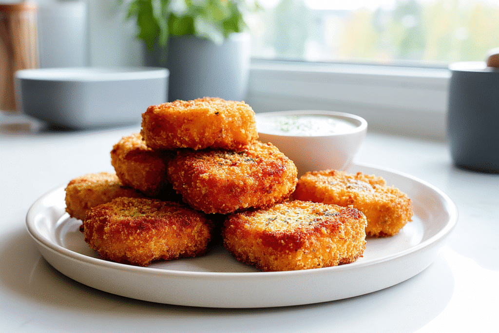 plated keto nuggets with dipping sauces