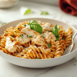 one pot chicken parmesan pasta on white skillet
