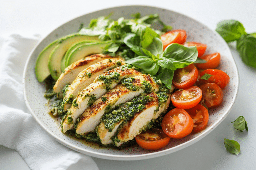 chicken avocado pesto keto in bright kitchen