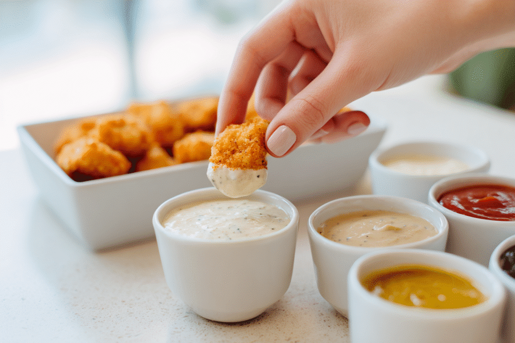 Chicken nugget being dipped into keto ranch sauce