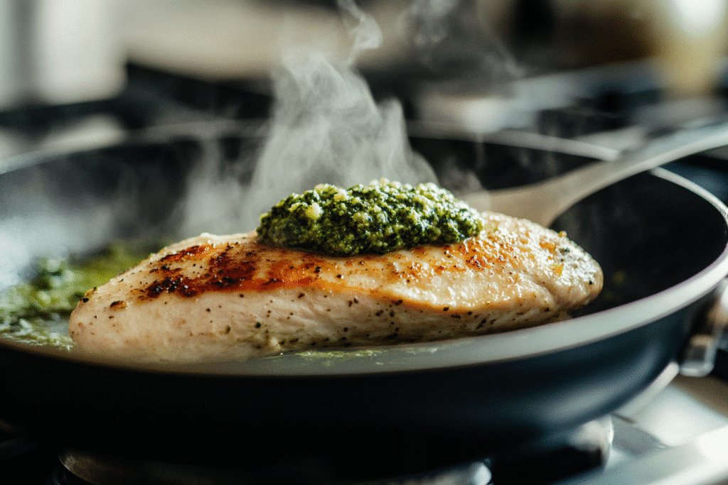 chicken avocado pesto cooking in white kitchen