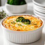 Egg bake cottage cheese broccoli in white ramekin on white countertop