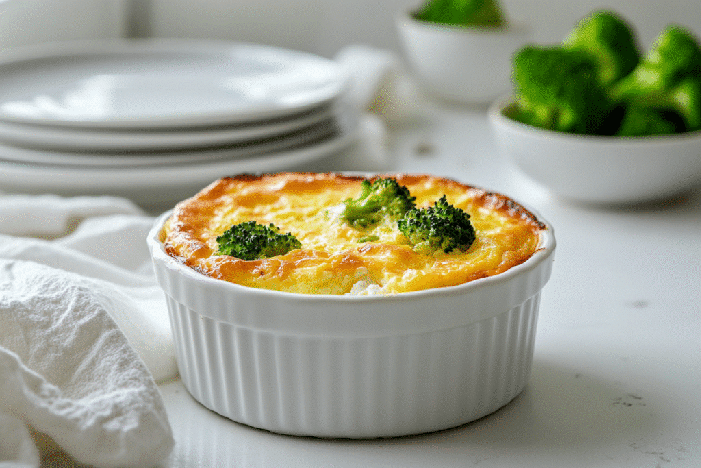 Freshly baked egg bake cottage cheese broccoli on white marble countertop