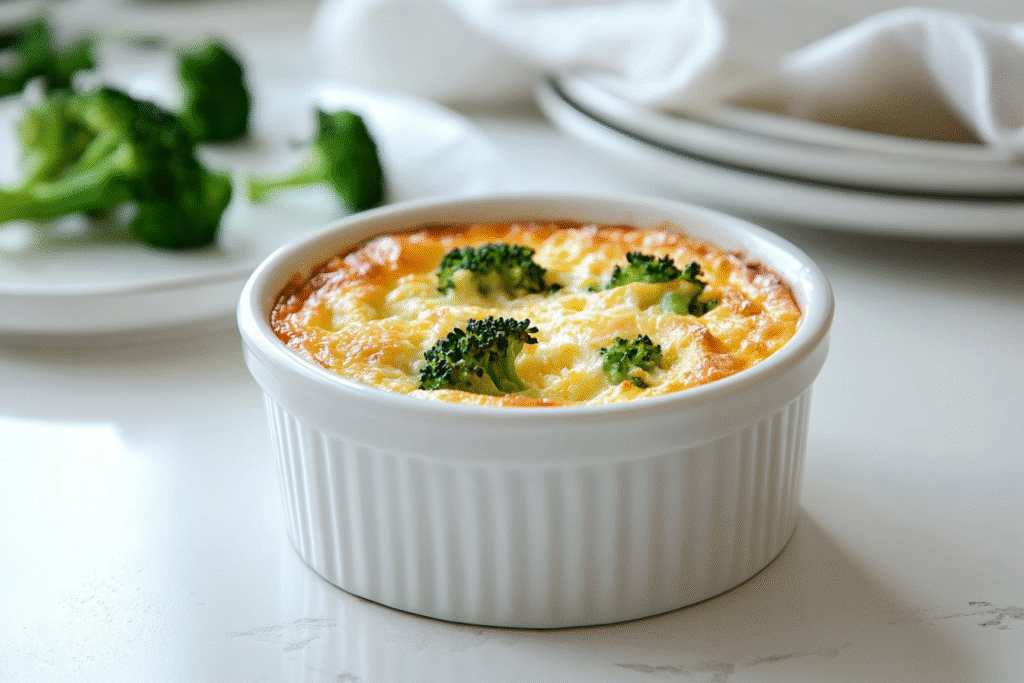 Single-serve egg bake with cottage cheese and broccoli in white ramekin on bright countertop