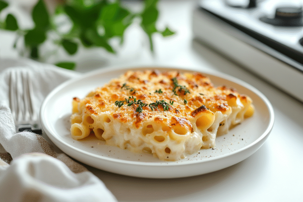 Plated serving of pasta al forno with egg