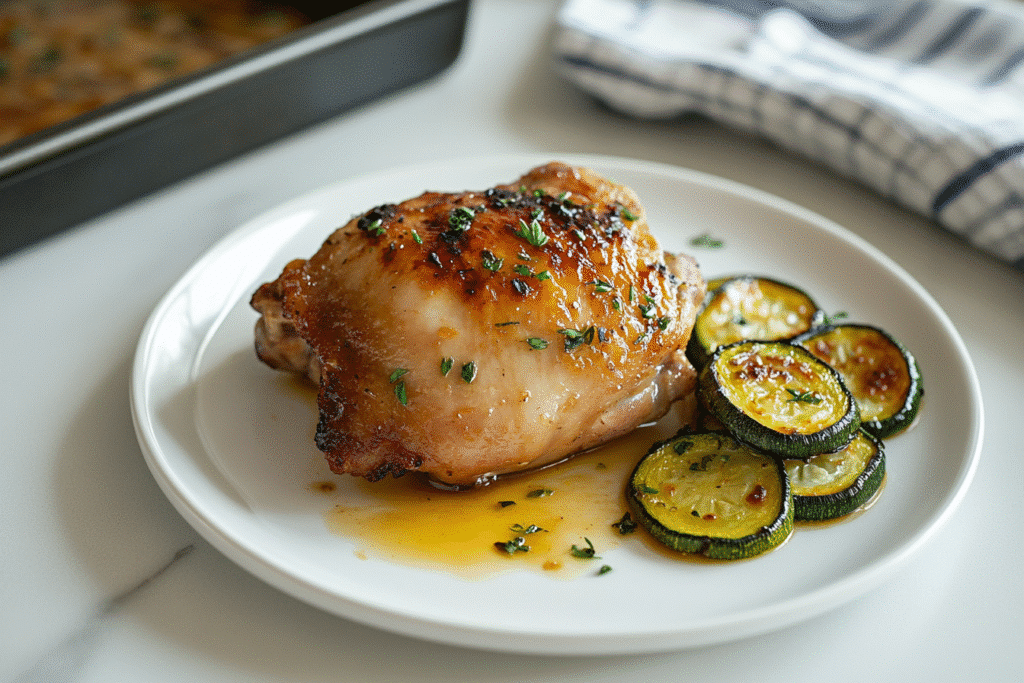 solo portion of Sheet pan hot honey garlic chicken and zucchini plated