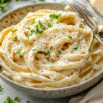 Creamy one pot Alfredo pasta made with jar sauce, served in a single bowl