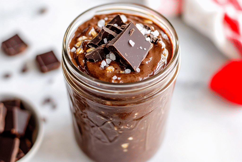 Overnight oats with dark chocolate and sea salt in a breakfast jar