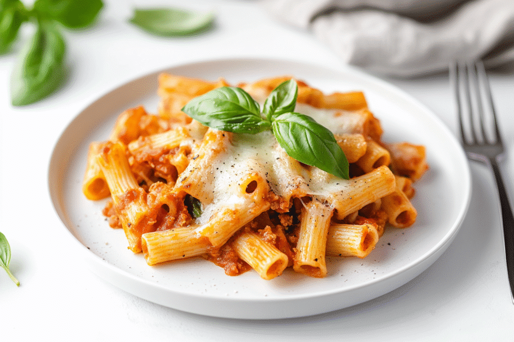 One-Pot Pasta al Forno fresh out of oven on modern kitchen counter