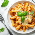 Single serving of One-Pot Pasta al Forno on white plate